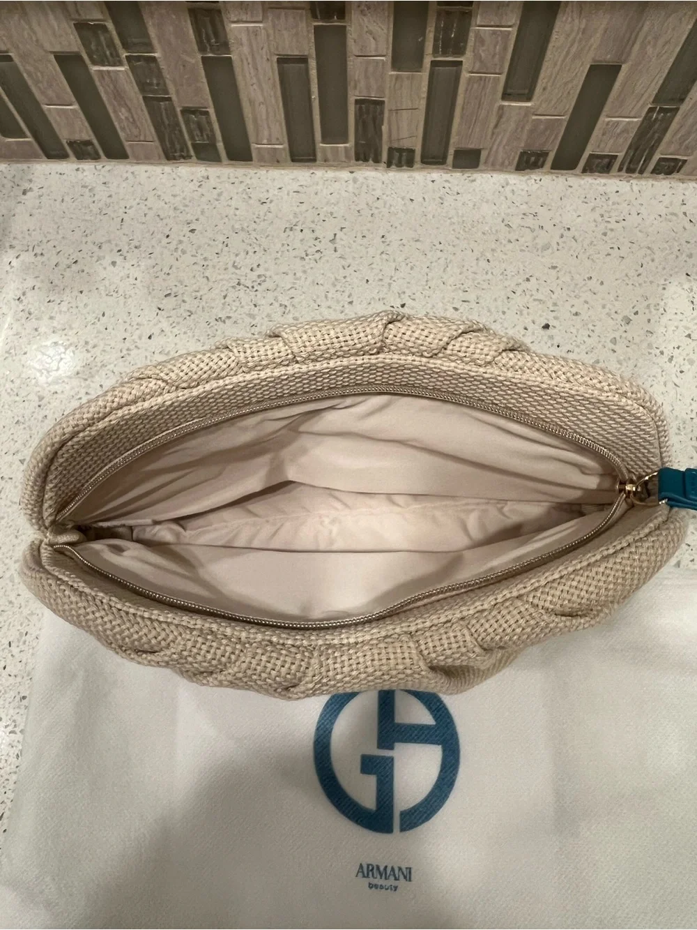 Giorgio Armani Beige Canvas Cosmetic Pouch with Blue Logo